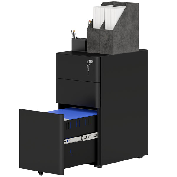 3-Drawer Filing Cabinet, Lockable Steel Storage Cabinet with Hanging Bar for Letter, A4 and Legal Files, Black