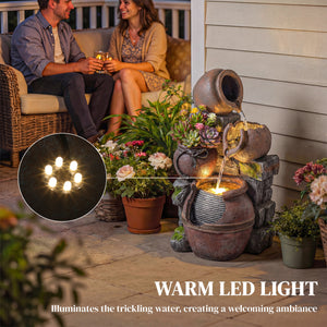 Outdoor fountain with 4-tier rustic pot, LED lighting, and adjustable flow.