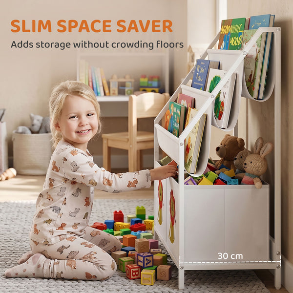 3-Tier Kids Bookshelf with 2 Bins, White