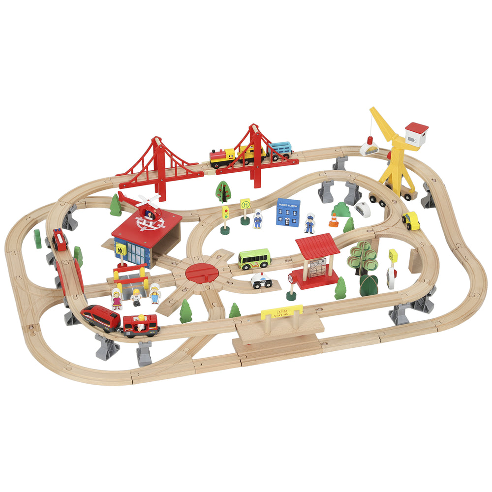 Qaba 133-piece wooden train set with tracks, battery-operated train, crane, bridge and accessories, for children aged 3 and up