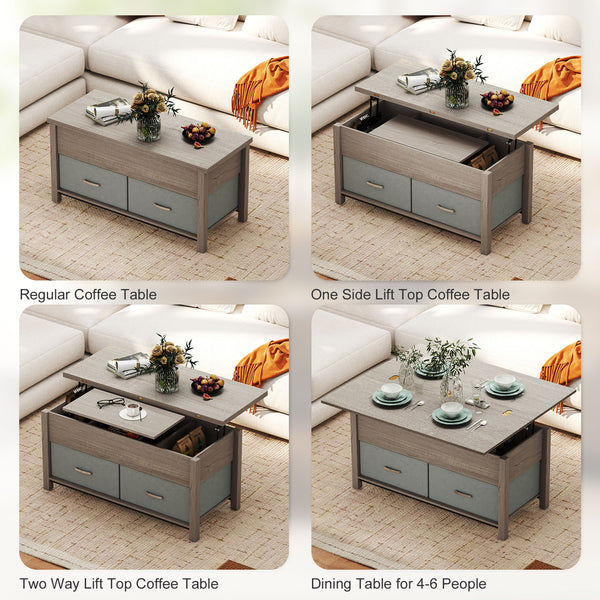 Lift-top extendable coffee table with power outlets, USB ports, and 5 storage compartments – Dark gray