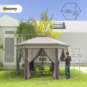 13' x 13' Folding Gazebo with Netting and Carry Bag, Hexagonal, Coffee and Beige