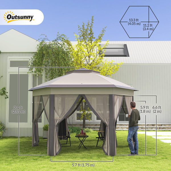 13' x 13' Folding Gazebo with Netting and Carry Bag, Hexagonal, Coffee and Beige