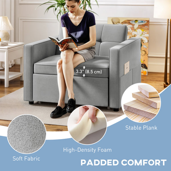 Armchair convertible into a bed with USB port, adjustable backrest, in velvet, gray