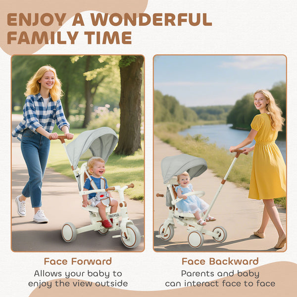 7 in 1 Tricycle with Safety Harness, Adjustable and Removable Parental Handle, Cream White