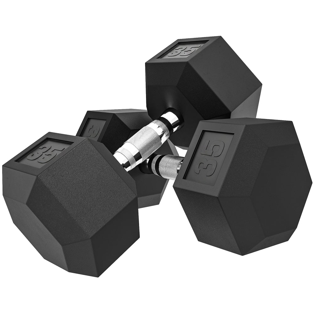 Set of two 35 lb hexagonal rubber-coated dumbbells – Black