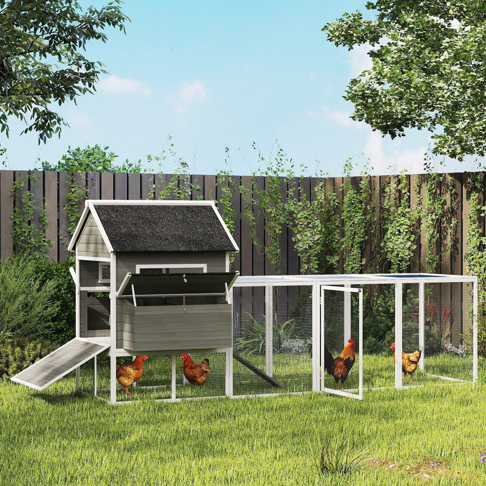 137" Wooden Chicken Coop with Chicken Run, Nesting Box, Dark Grey