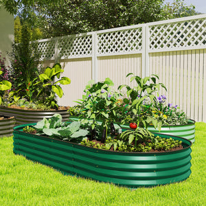 Galvanized raised outdoor planter with metal stake, green