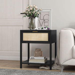 Bohemian bedside table with rattan drawer and open shelf, black