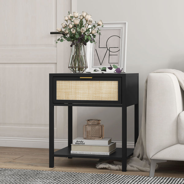 Bohemian bedside table with rattan drawer and open shelf, black