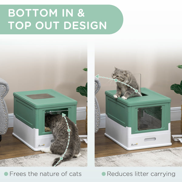Enclosed litter box with scoop and tray, green