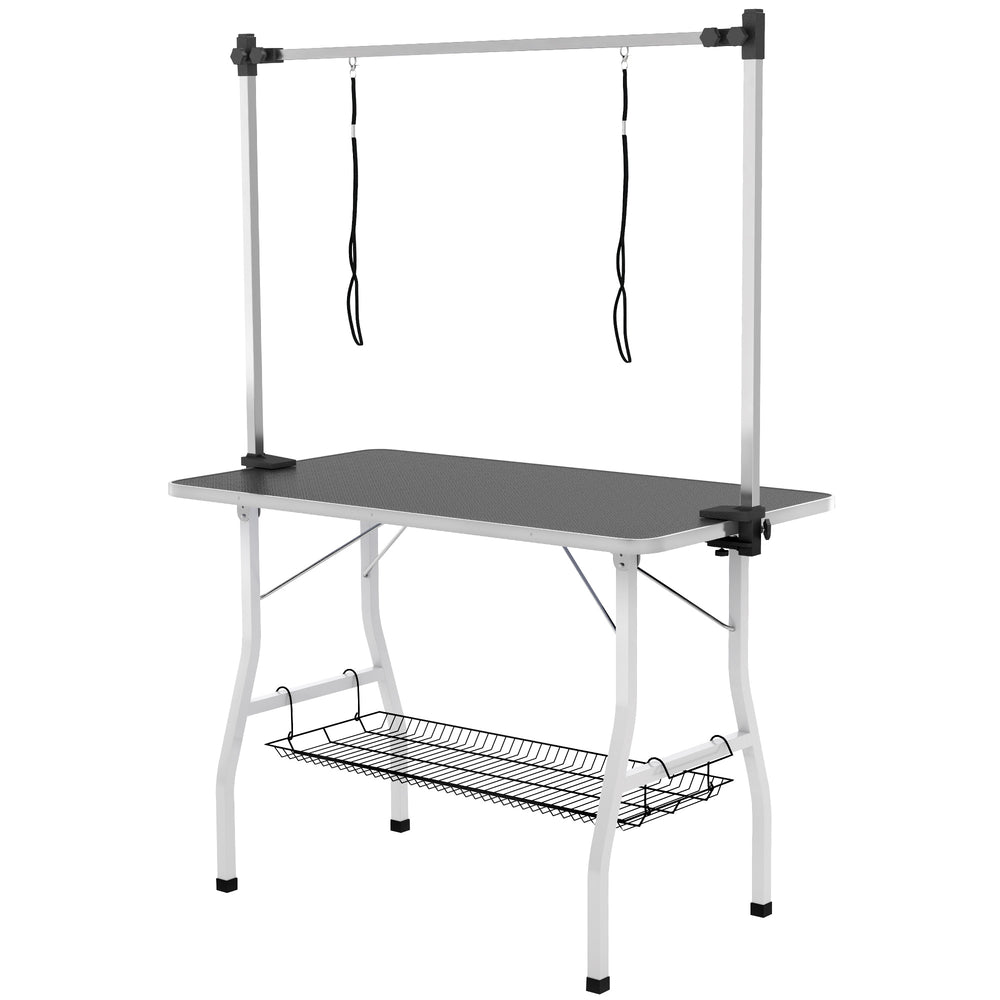 Foldable grooming table with adjustable grooming arms and storage shelf, black