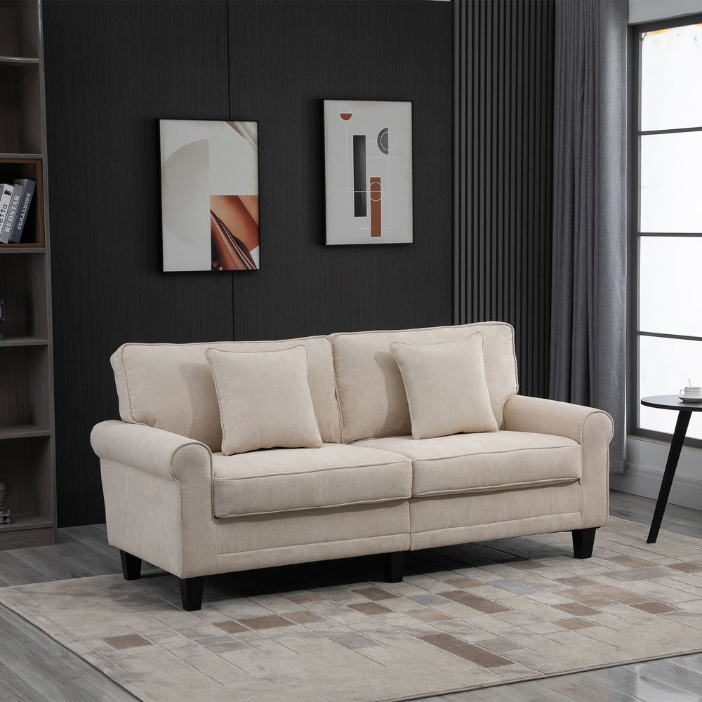 Modern 3-seater sofa in corduroy fabric, pine legs and rolled armrests, beige