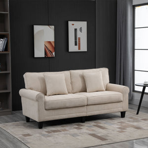 Modern 3-seater sofa in corduroy fabric, pine legs and rolled armrests, beige