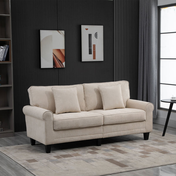 Modern 3-seater sofa in corduroy fabric, pine legs and rolled armrests, beige