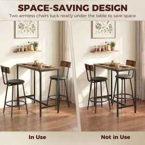 Bar table with 2 upholstered stools, rustic brown
