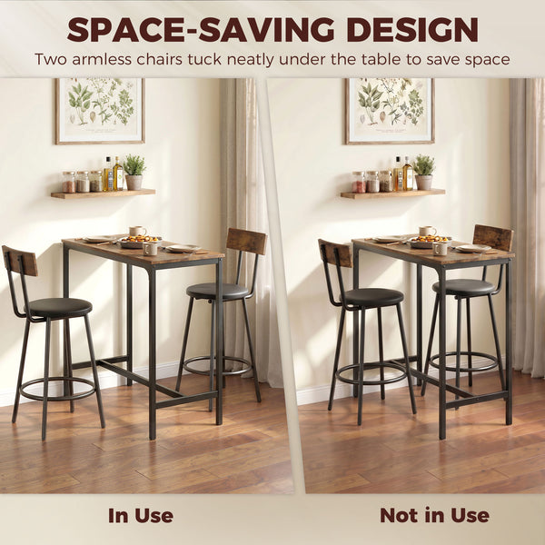 Bar table with 2 upholstered stools, rustic brown