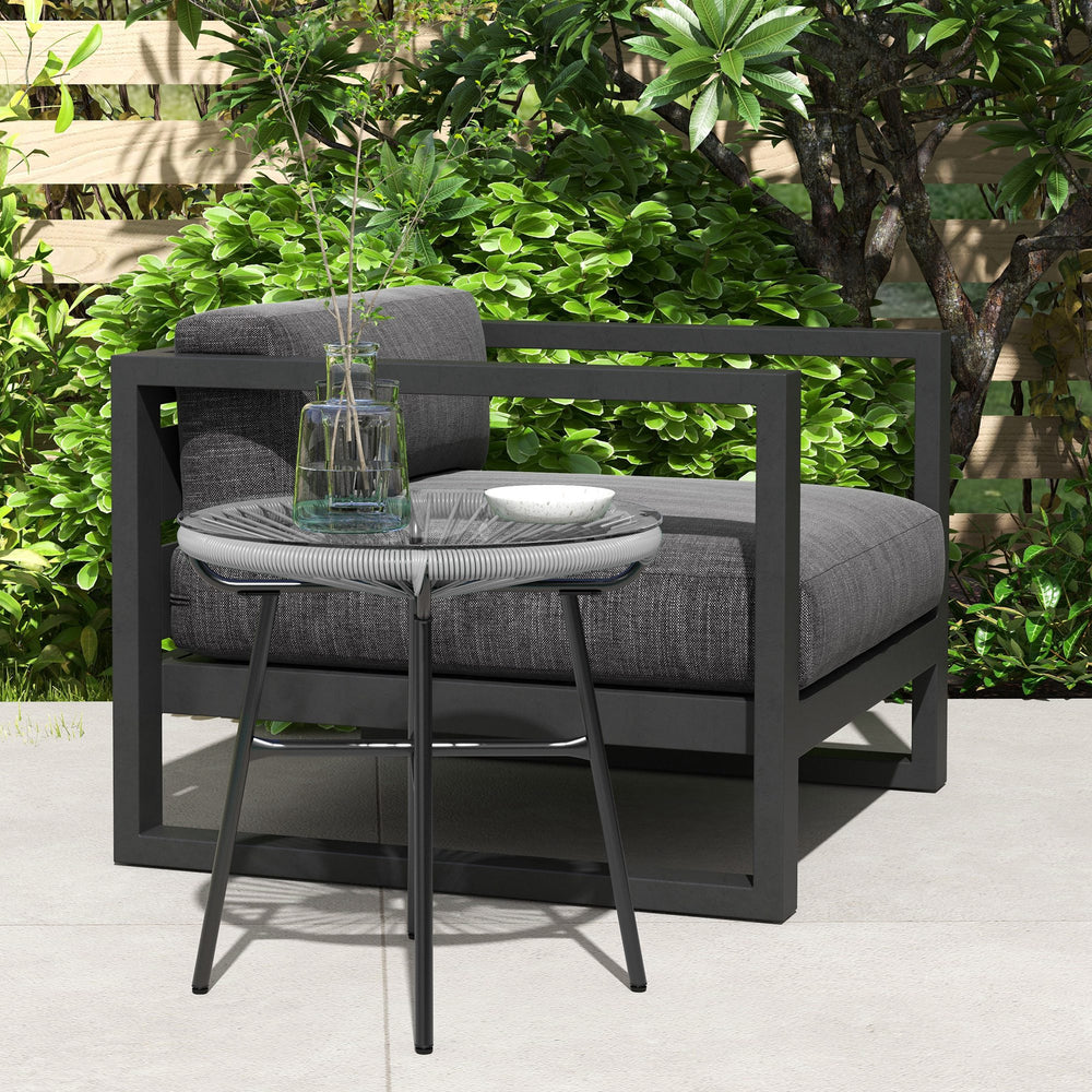 Rattan Side Table, Round Outdoor Table, with Round PE Rattan and Tempered Glass Table Top for Patio, Garden, Grey