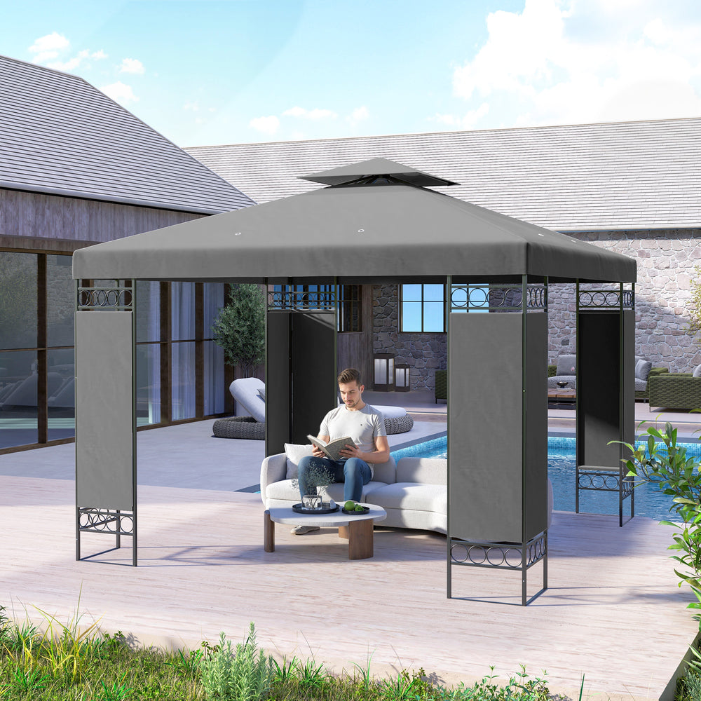 10 x 10 FT Canopy Gazebo, Double Roof Patio Gazebo with Screen Panels and Metal Frame for Deck, Backyard, Dark Grey