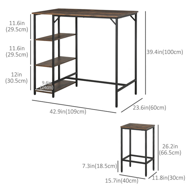 Industrial style kitchen table and chairs set for 2 people, including a bar table and stools, rustic brown.