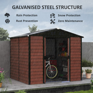 Galvanized steel garden shed with lockable doors and floor structure, teak color