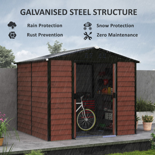 Galvanized steel garden shed with lockable doors and floor structure, teak color