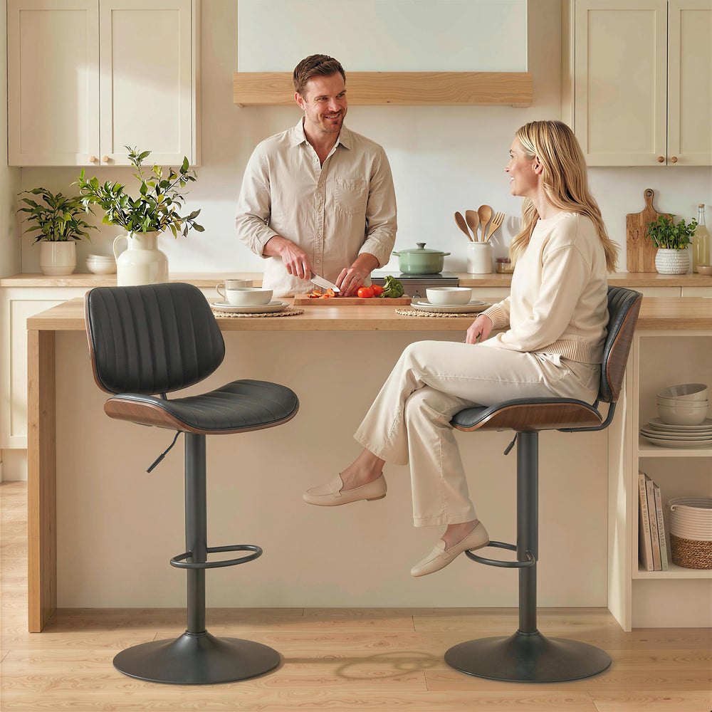 Set of 2 bar stools, swivel, with backrest, adjustable height, black
