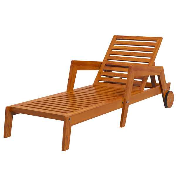 Wood Lounge Chair Outdoor Tanning Chair with Wheels, 3-Position Adjustable Backrest and Armrests, Orange