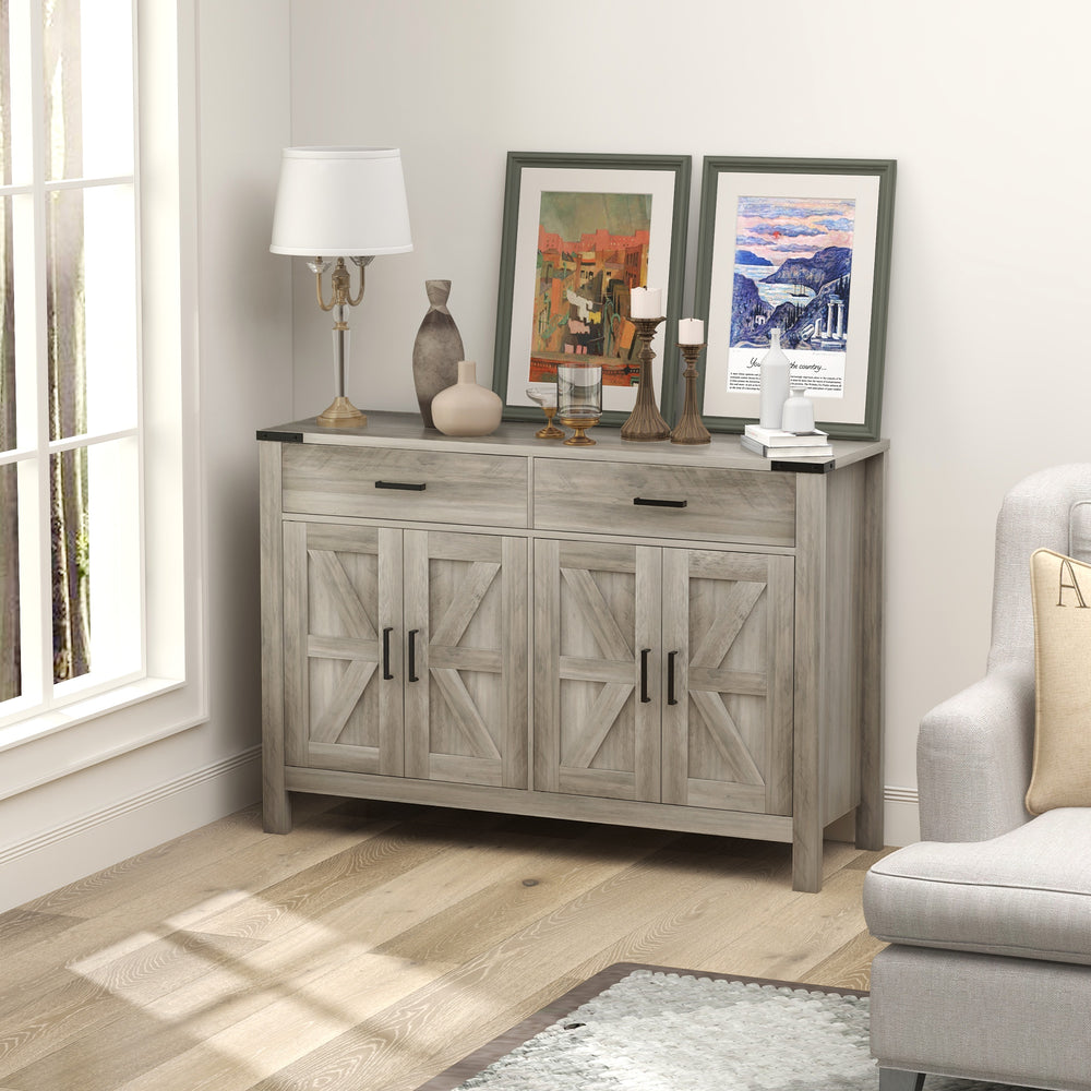 Farmhouse accent cabinet with 2 drawers and shelves, grey