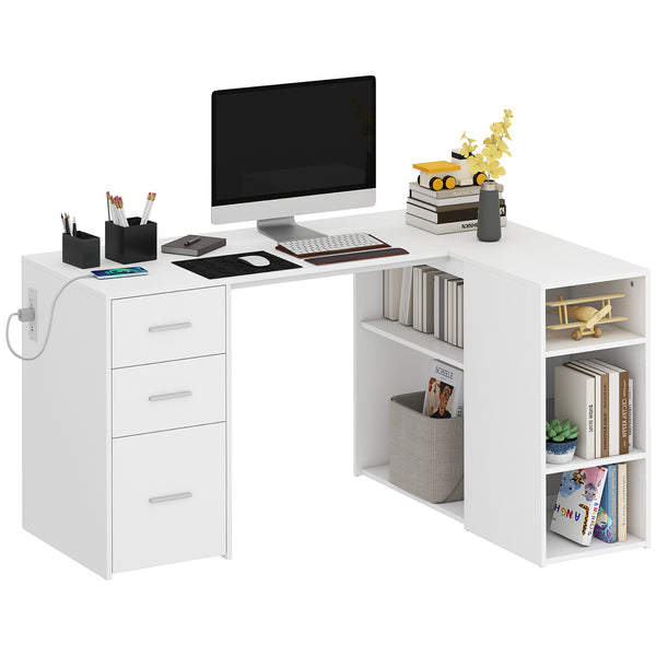 55" L-Shaped Desk with Outlets and Drawers, White
