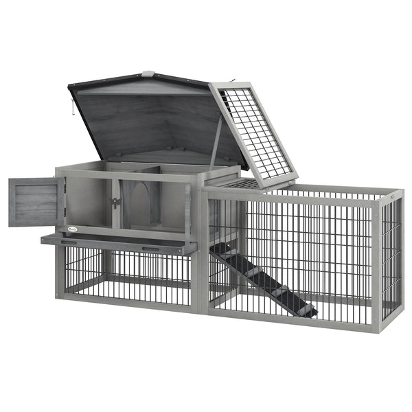 Wooden hutch with ramp, opening roof, and pull-out tray, light gray