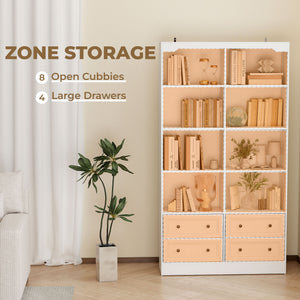 71" White Bookcase with 8 Cubbies and 4 Drawers
