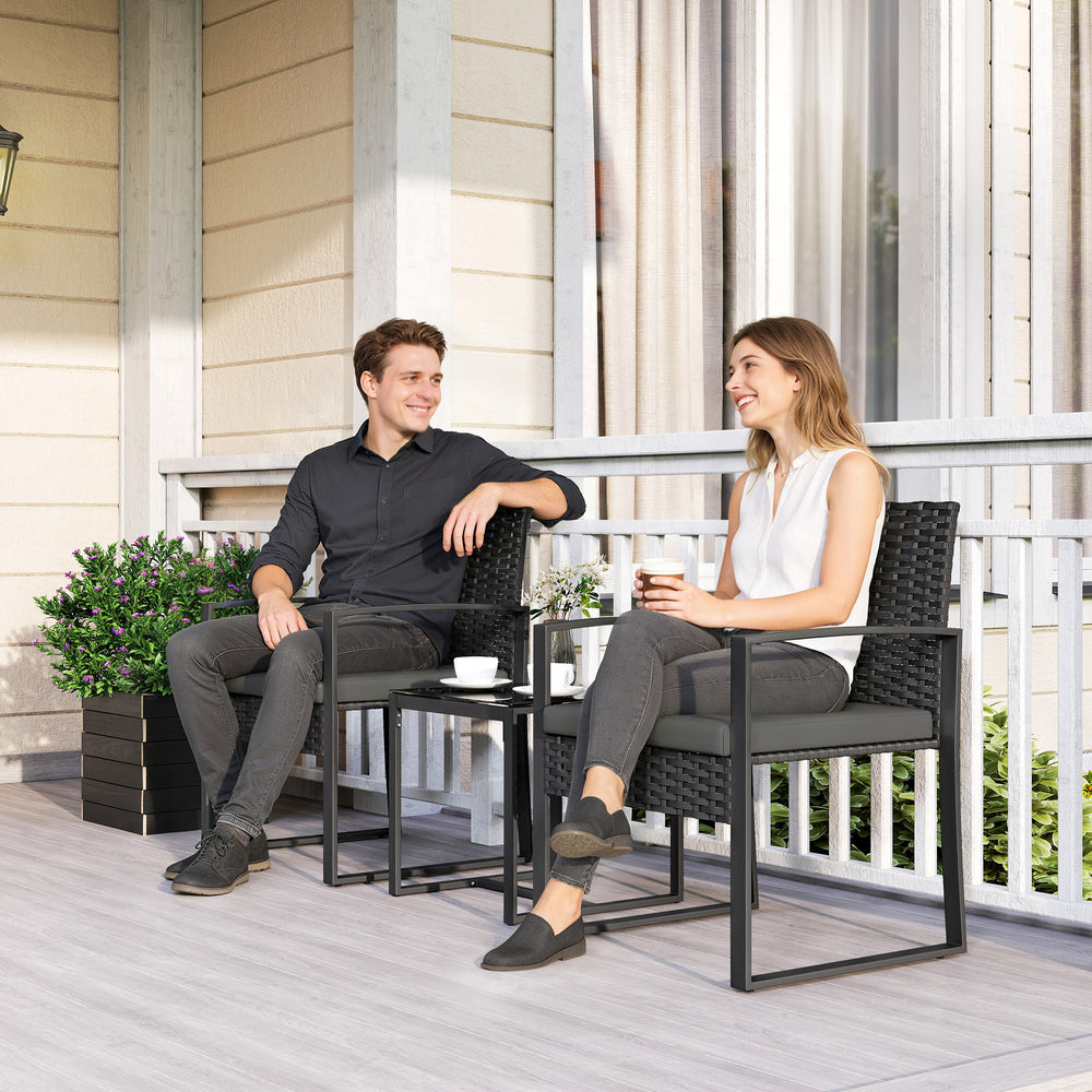 Outdoor Bistro Set, 3 Piece Wicker Patio Furniture Set with Glass Top Table and Cushions for Porch, Balcony, Dark Grey