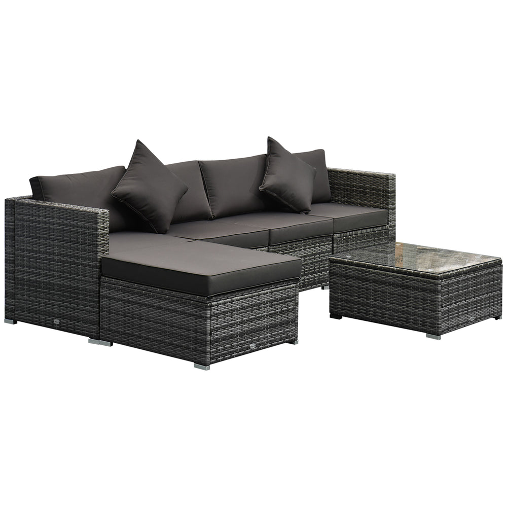 6 Pieces Outdoor PE Rattan Wicker Patio Furniture Sofa Set with Thick Cushions, Deluxe Garden Sectional Couch with Glass Top Table, Mixed Grey and Charcoal