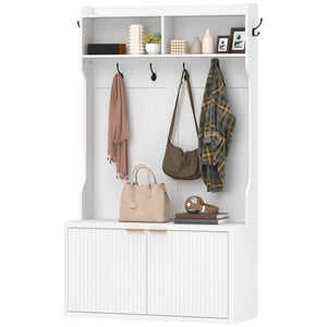 4-in-1 coat rack with integrated shoe bench and open shelf for entryway, white