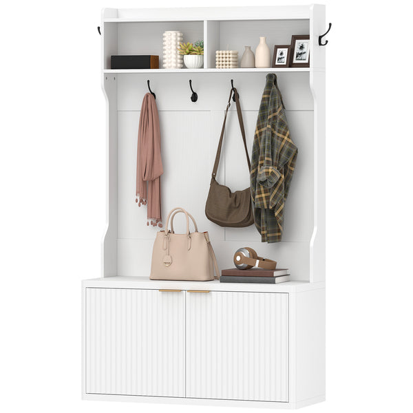4-in-1 coat rack with integrated shoe bench and open shelf for entryway, white