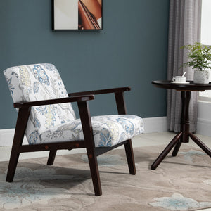 Retro fabric armchair with wooden armrests, floral pattern