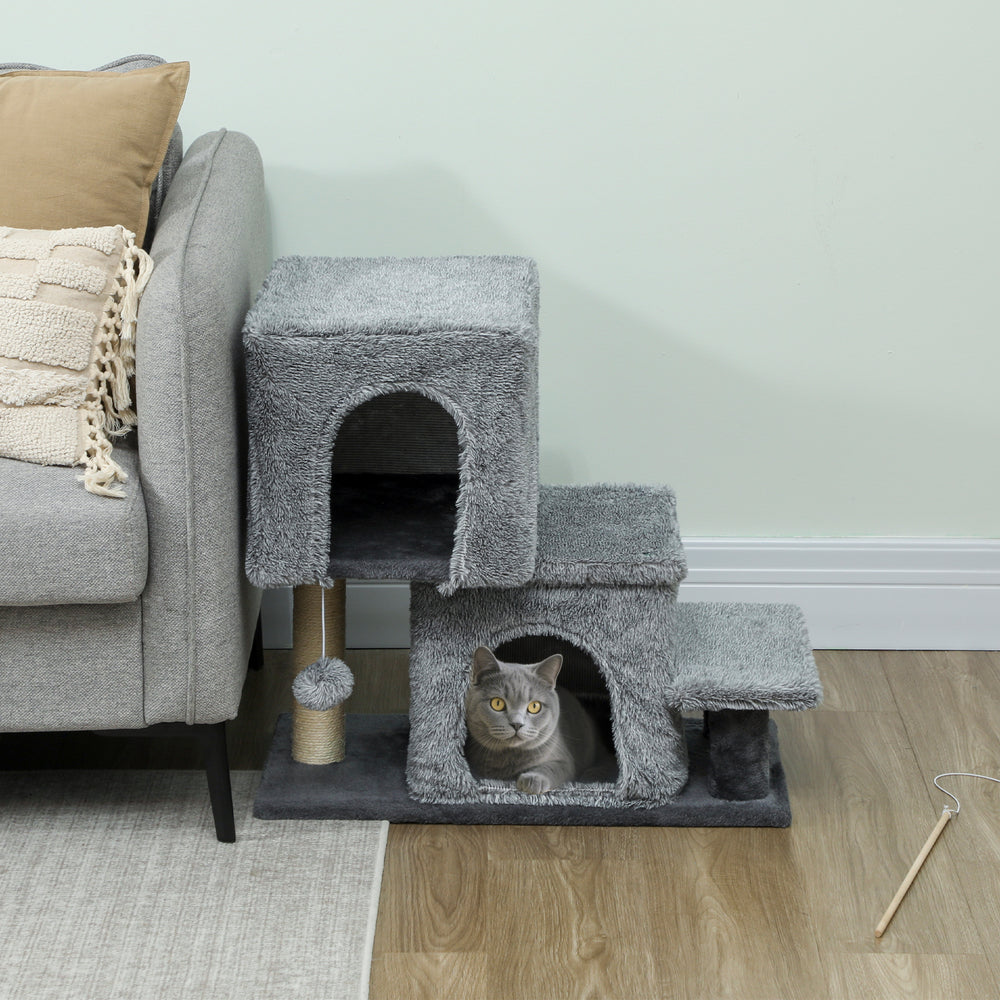 4-Step Pet Stairs with Scratching Posts, Grey