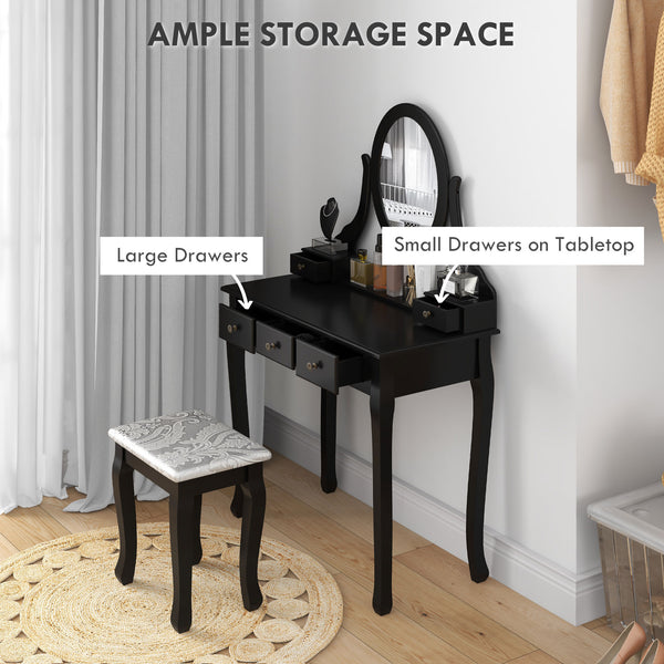 Dressing table with stool and 360° rotating oval mirror, black