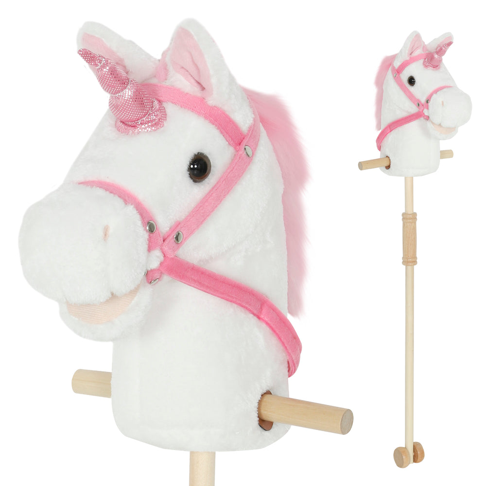 Plush Unicorn with Wooden Wheels, Neighing and Galloping Sounds, White