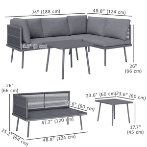 3-piece L-shaped resin wicker garden furniture set with cushions, grey