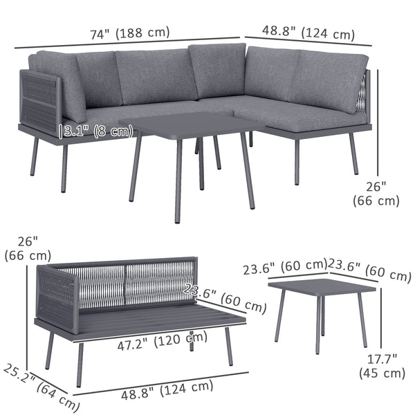 3-piece L-shaped resin wicker garden furniture set with cushions, grey