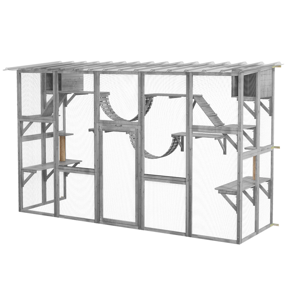 Large cat enclosure with niches, platforms, ladders and sturdy roof, grey.