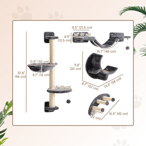 Cat climbing wall with scratching post, balls and platforms, dark grey