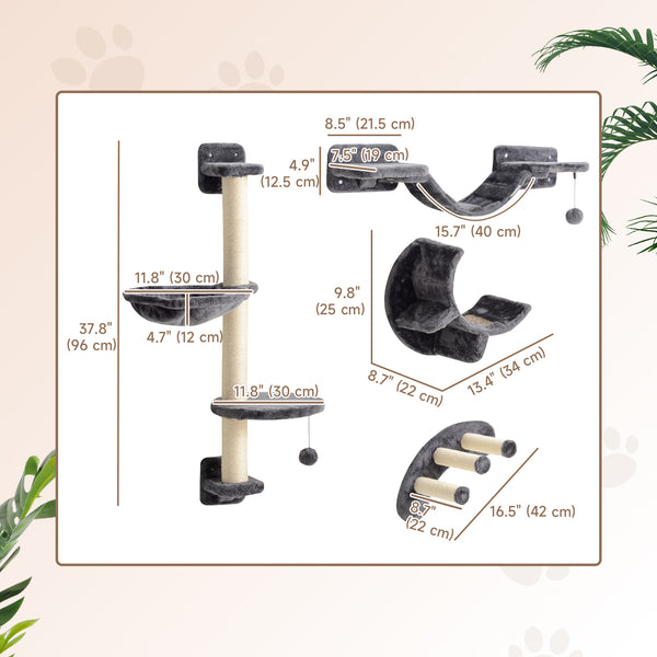 Cat climbing wall with scratching post, balls and platforms, dark grey