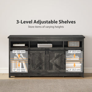 TV cabinet with power outlets, sliding doors and adjustable shelves, dark grey