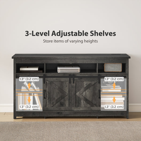 TV cabinet with power outlets, sliding doors and adjustable shelves, dark grey