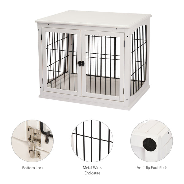 26" Wooden Dog Cage with Double Door Entrance & Simple Modern Design, White