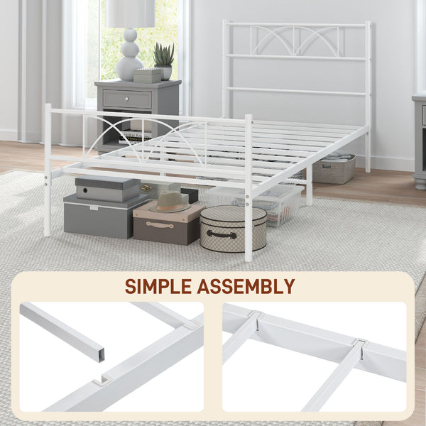 Single metal bed frame with headboard, white