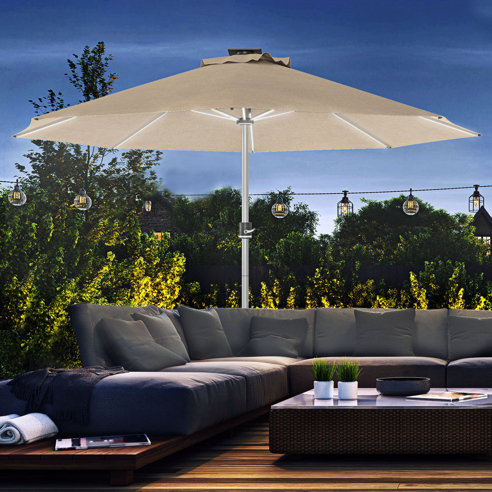 9.6-foot LED light-up parasol with 4 lighting modes, solar and USB charging, beige
